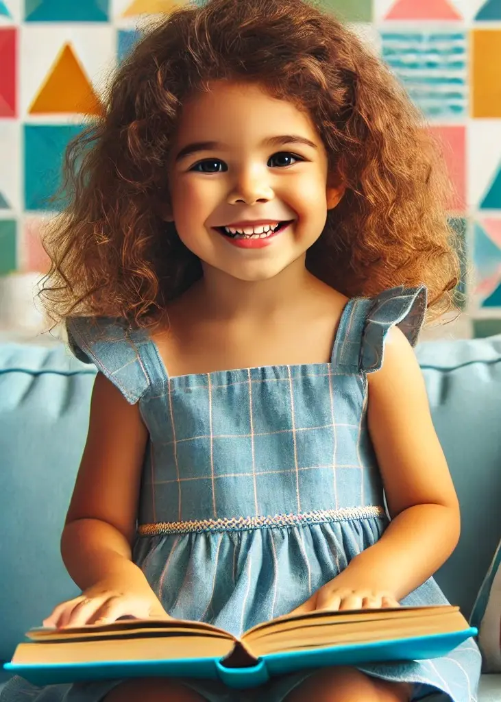 A little girl with curly hair wearing a blue dress, sitting on a couch and smiling while reading a book.